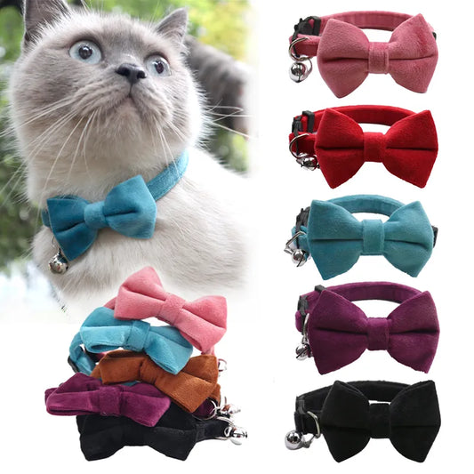 Velvet Cat Collar with Bow and Bell™: Adjustable Safety Buckle for Cats and Small Dogs