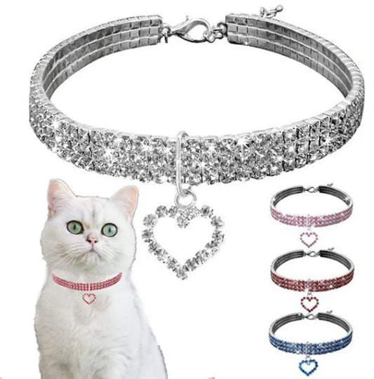 Rhinestone Pet Collar™: Elastic, Three Rows, Love Decoration for Cats and Dogs